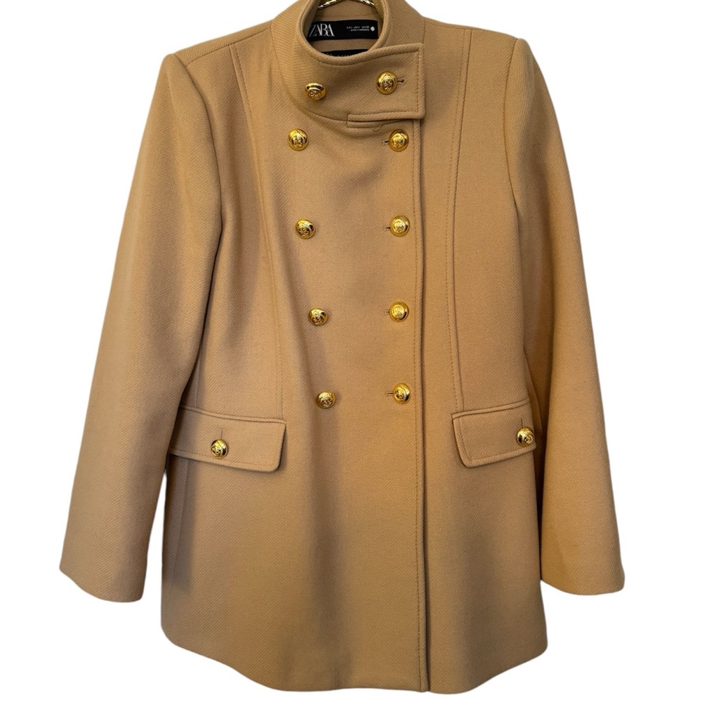 Zara Camel Double-Breasted Military Coat with Gold Buttons